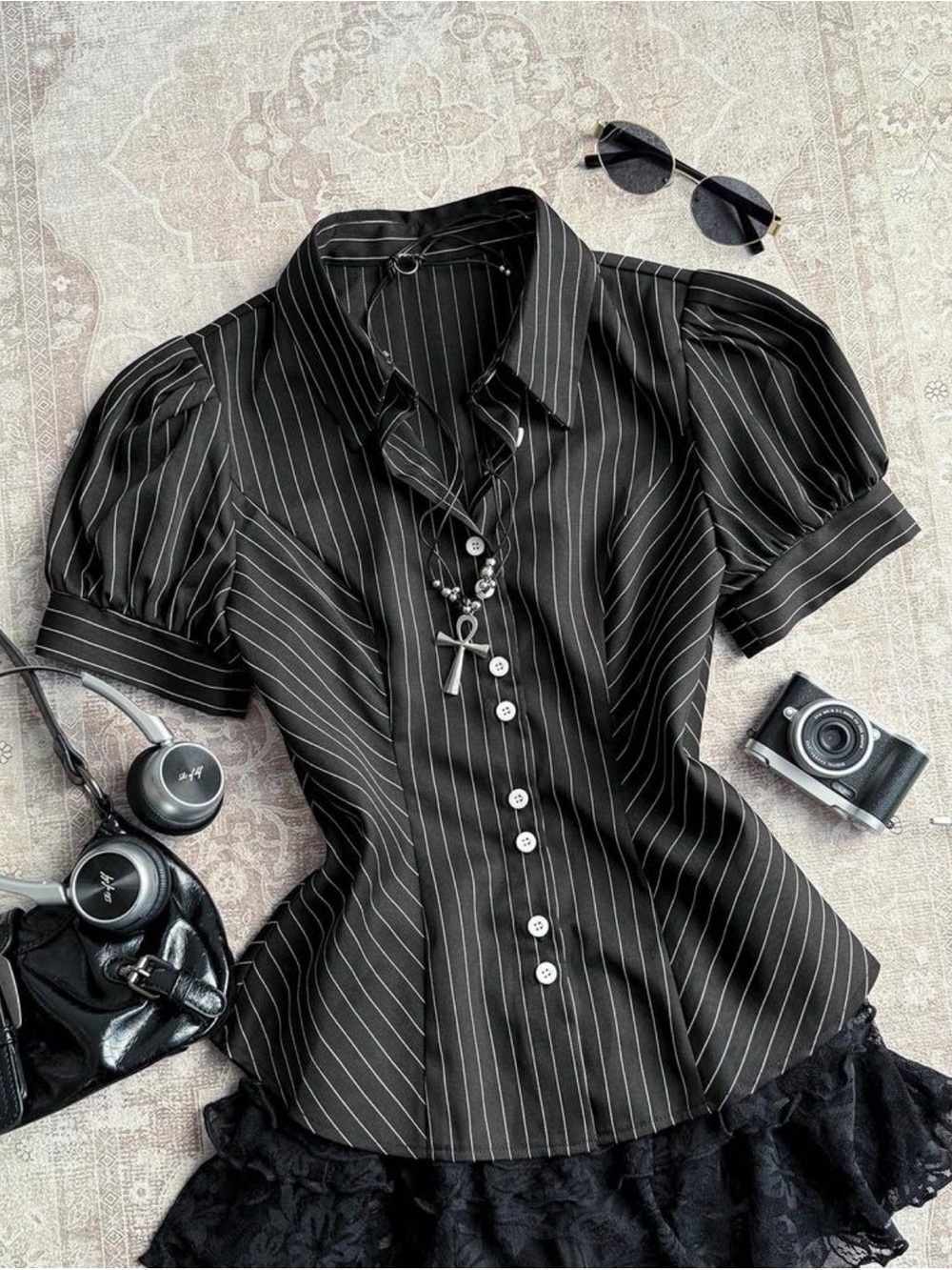 Hollister Black Pinstripe Puff-Sleeve Button-Down Blouse